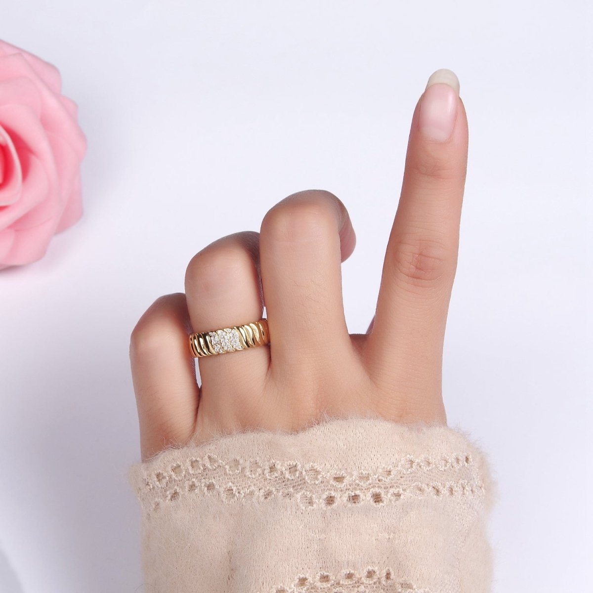 14K Gold Filled Triple Micro Paved CZ Croissant Ring | O1265