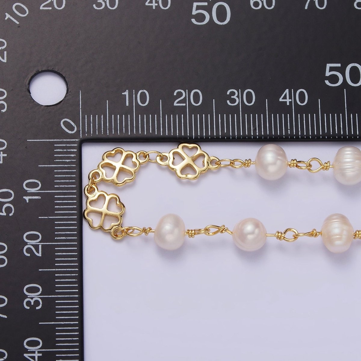14K Gold Filled Triple Ringed Button White Freshwater Pearl Clover Heart Petal Unfinished Designed Chain For Jewelry Making | ROLL-1409 Clearance Pricing