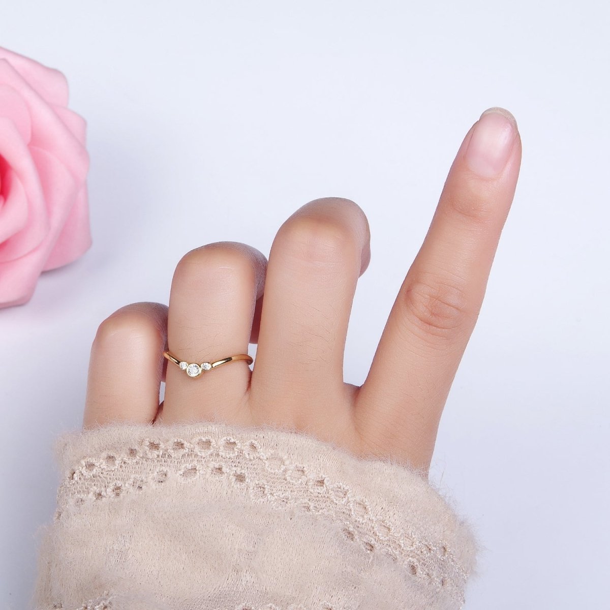 14K Gold Filled Triple Round Clear CZ Bezel Chevron Ring | O1005