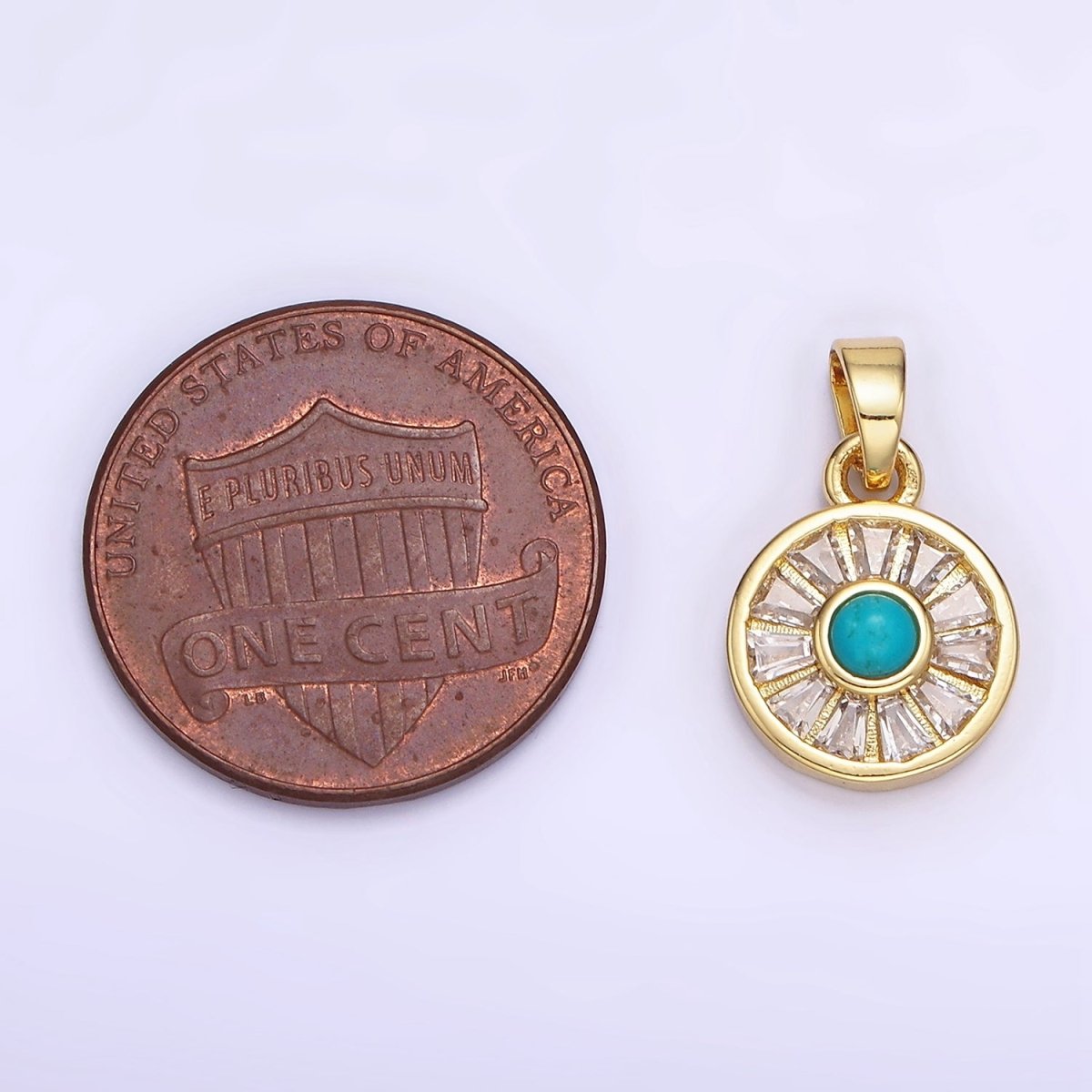 14K Gold Filled Turquoise Baguette CZ Lined Round Pendant | AH163