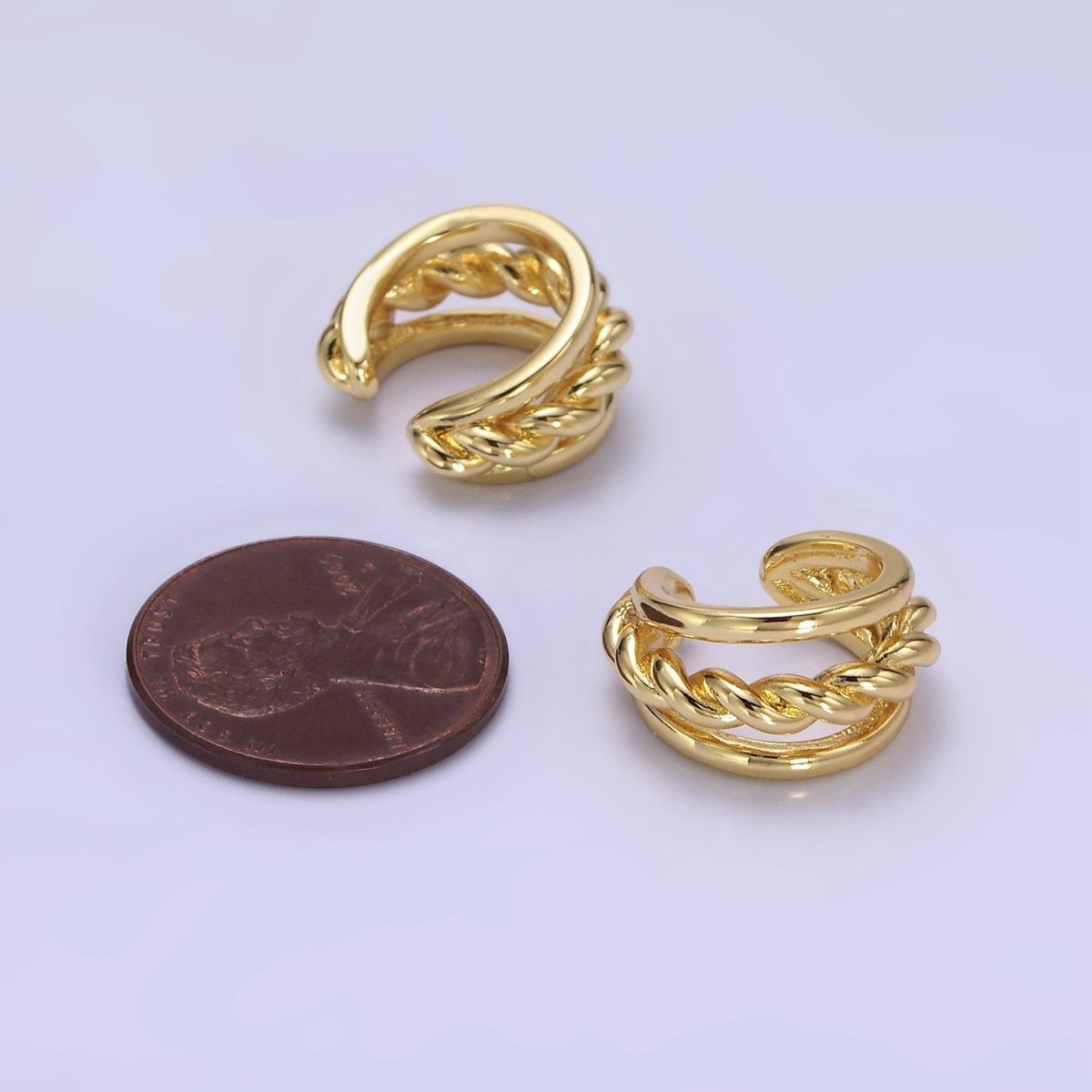 14K Gold Filled Twist Croissant Triple Band Minimalist Ear Cuff Earrings | AI157