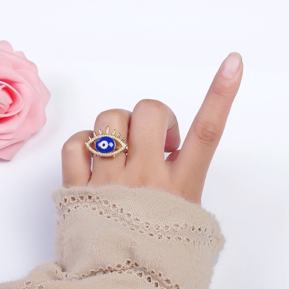 14K Gold Filled White, Blue Evil Eye Enamel Adjustable Ring | O-194 O-195
