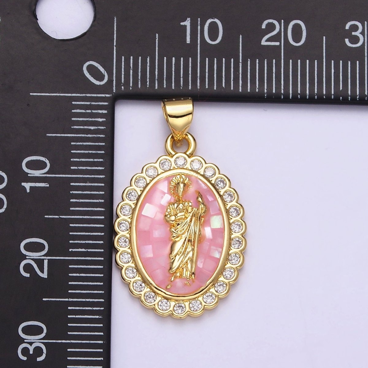 14K Gold Filled White, Blue, Pink, Green Religious Saint Jude CZ Dotted Outline Oval Pendant | N1774 - N1776