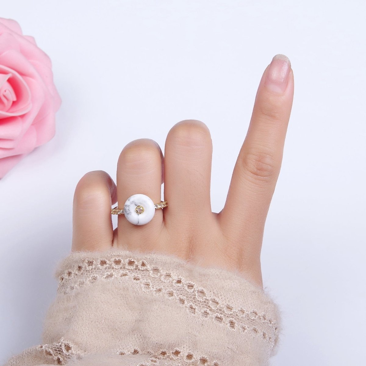 14K Gold Filled White Howlite, Orange Cats Eye Donut Micro Paved Ring | O-584 O-585