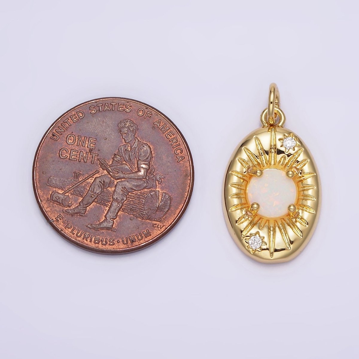 14K Gold Filled White Opal Lined Celestial Sun CZ Oval Charm | N992