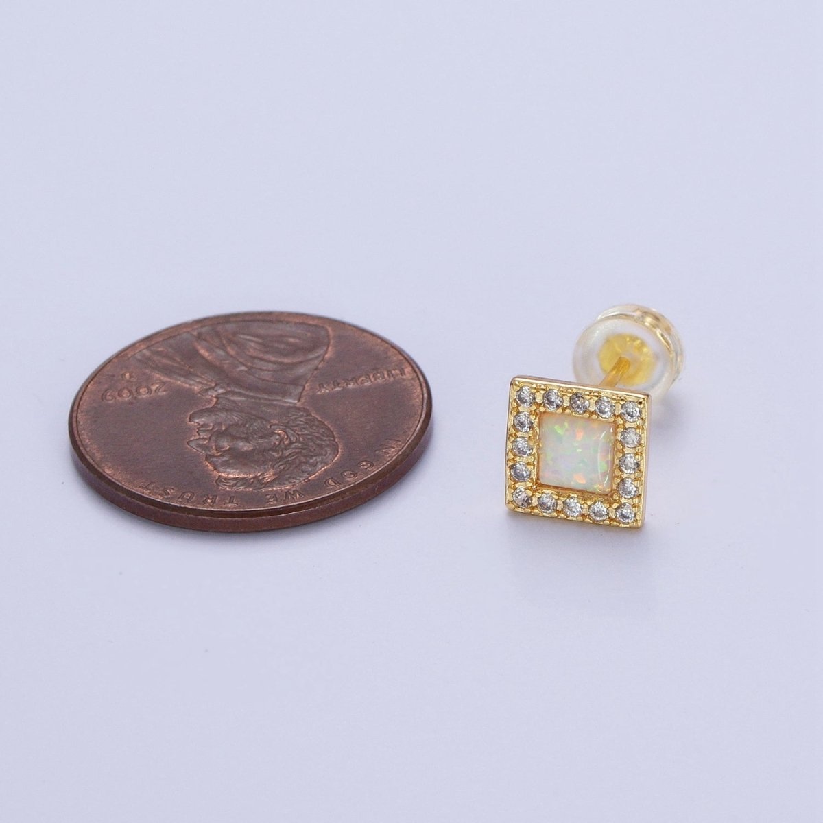 14K Gold Filled White Opal Micro Paved CZ Square Stud Earrings | AD-090