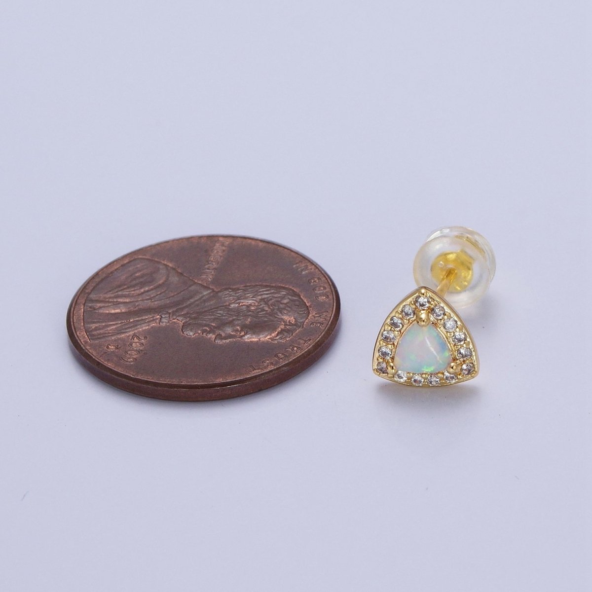 14K Gold Filled White Opal Micro Paved CZ Triangle Stud Earrings | AD-086