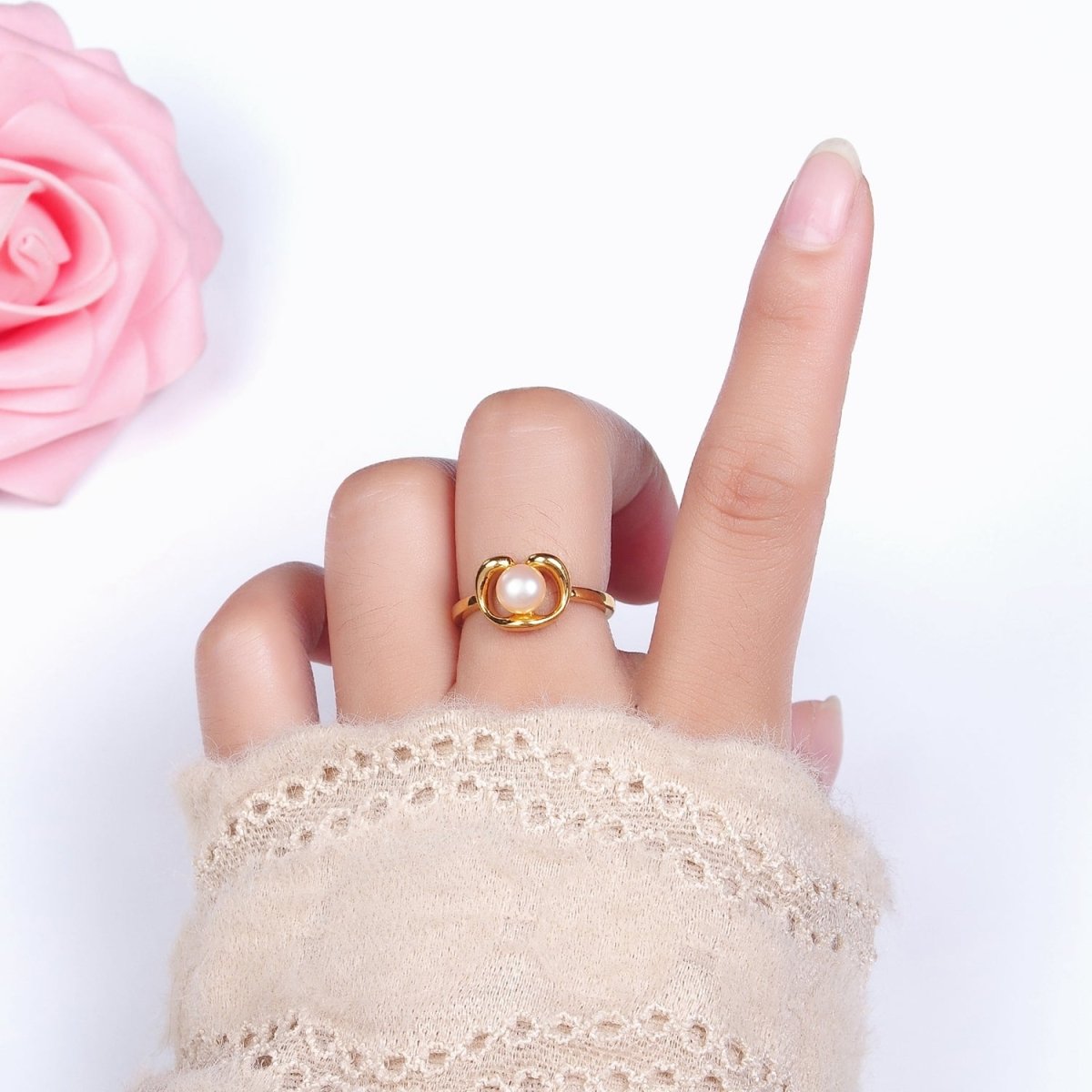 14K Gold Filled White, Pink Peal Open Outline Adjustable Ring in Silver & Gold | O672 - O675
