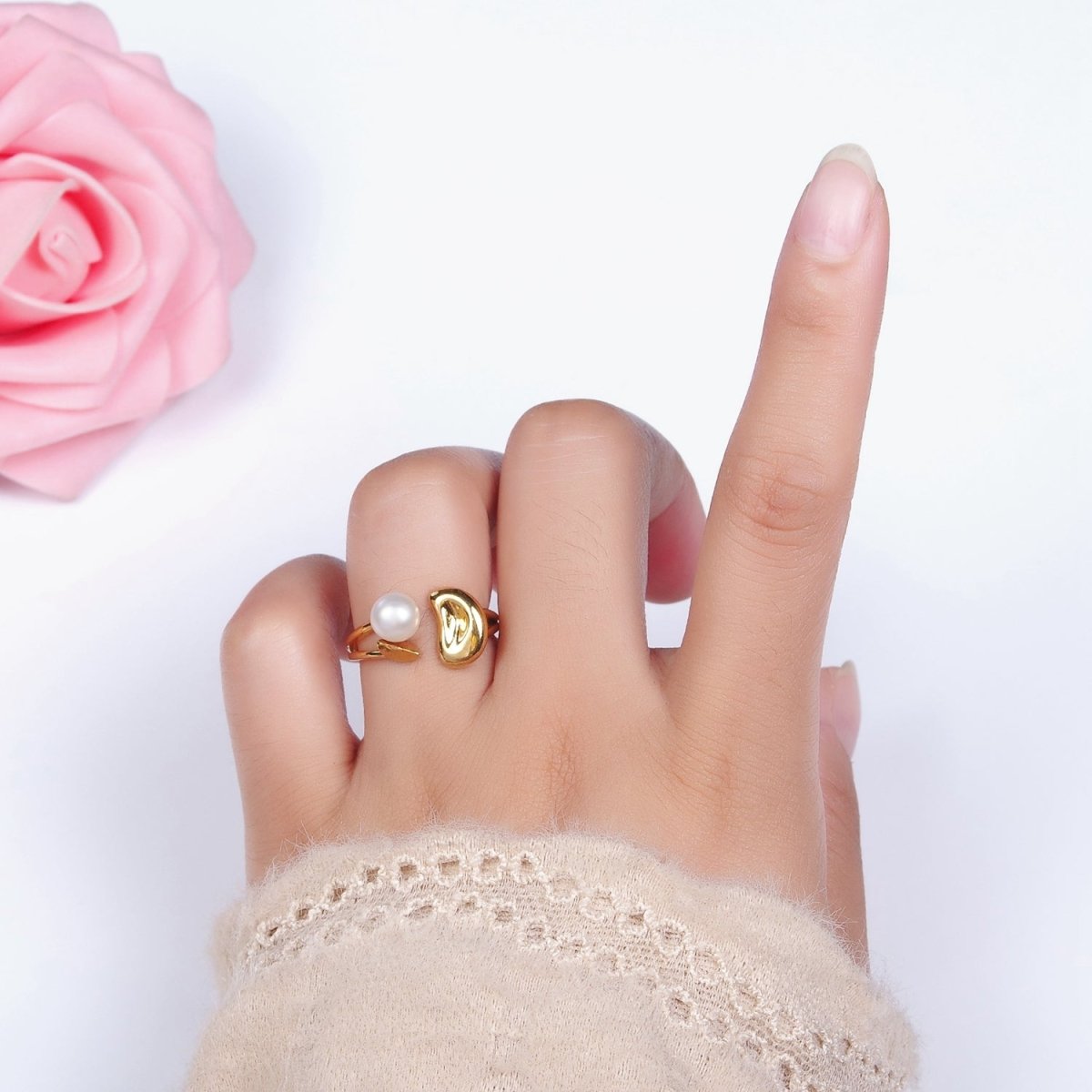 14K Gold Filled White, Pink Pearl Molten Dented Open Wrap Ring in Gold & Silver | O644 - O647
