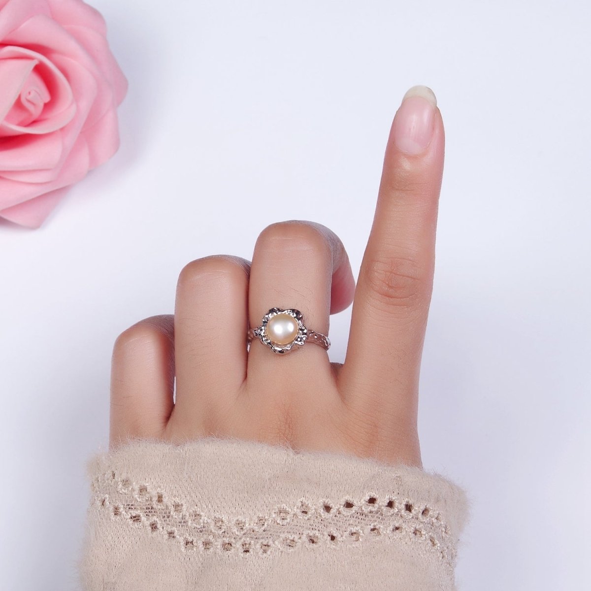 14K Gold Filled White, Pink Pearl Molten Hammered Ring in Gold 7 Silver | O1876 - O1879