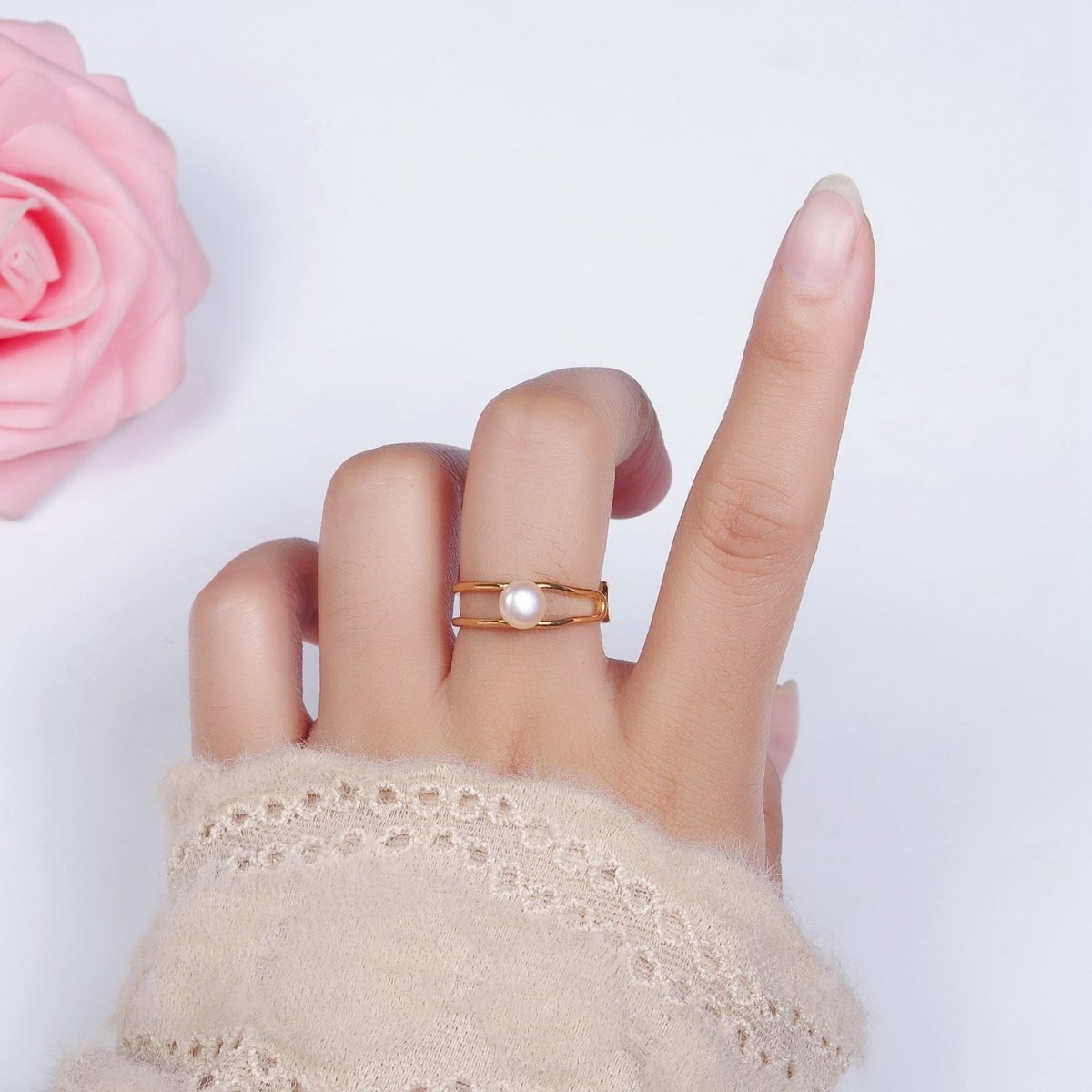 14K Gold Filled White, Pink Pearl Open Double Band Wrap Signet Ring in Gold & Silver | O656 - O659