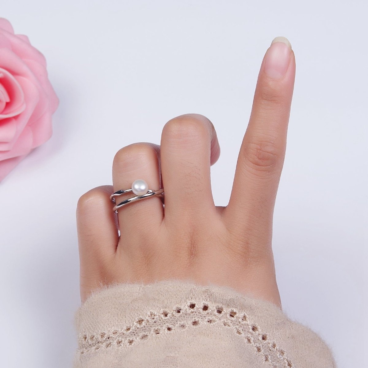 14K Gold Filled White, Pink Pearl Twisted Hammered Double Band Ring in Gold & Silver | O1175 O1176