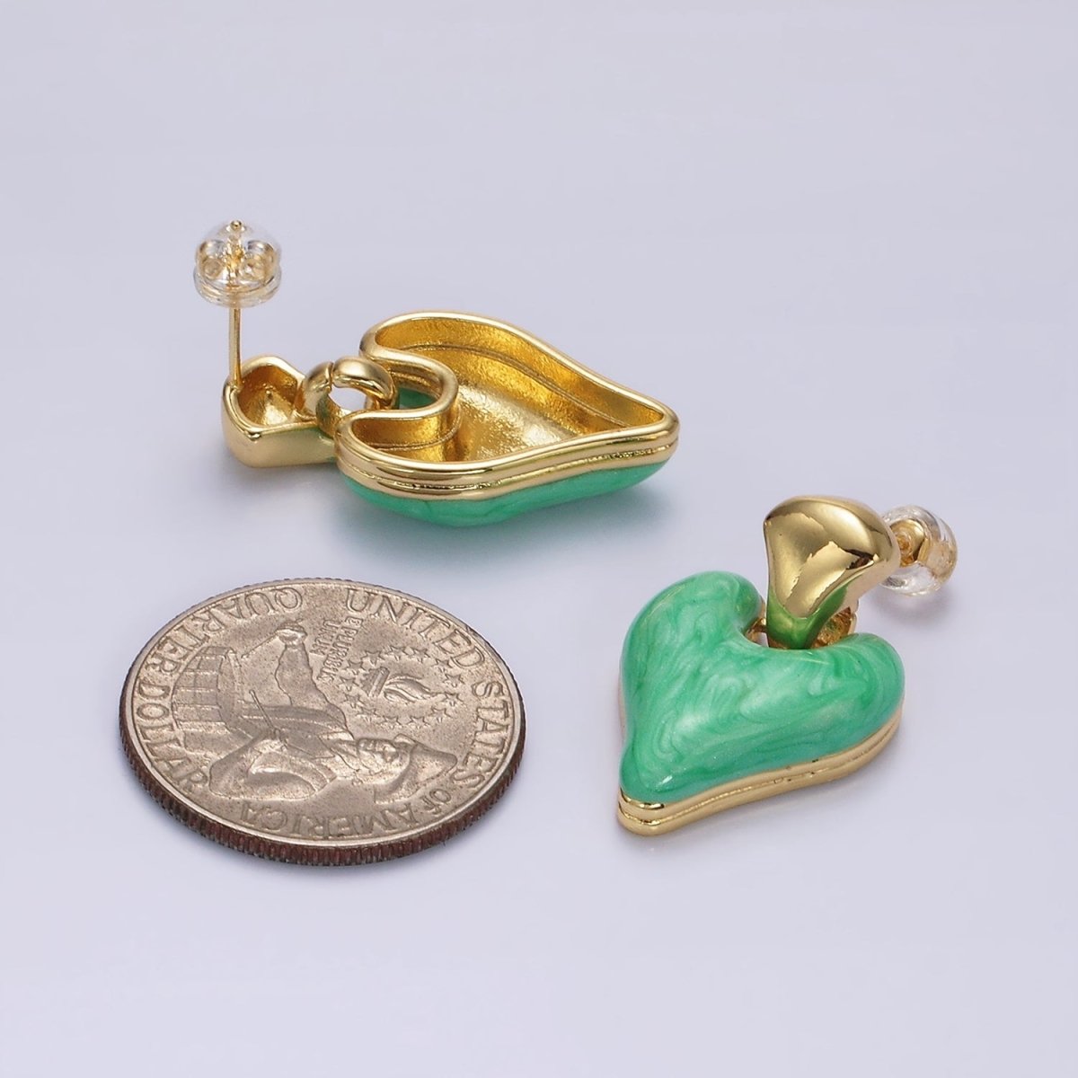 14K Gold Filled White, Pink, Purple, Blue, Green Enamel Heart Drop Stud Earrings | V-241