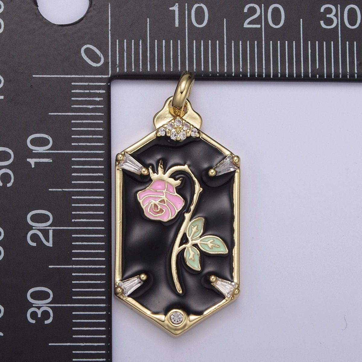 14k Gold Filled Wilted Pink Rose Charm White black Enamel Flower necklace Pendant Belle Beauty and the Beast Floral Bracelet Hexagon Tag Charm N-760 N-762