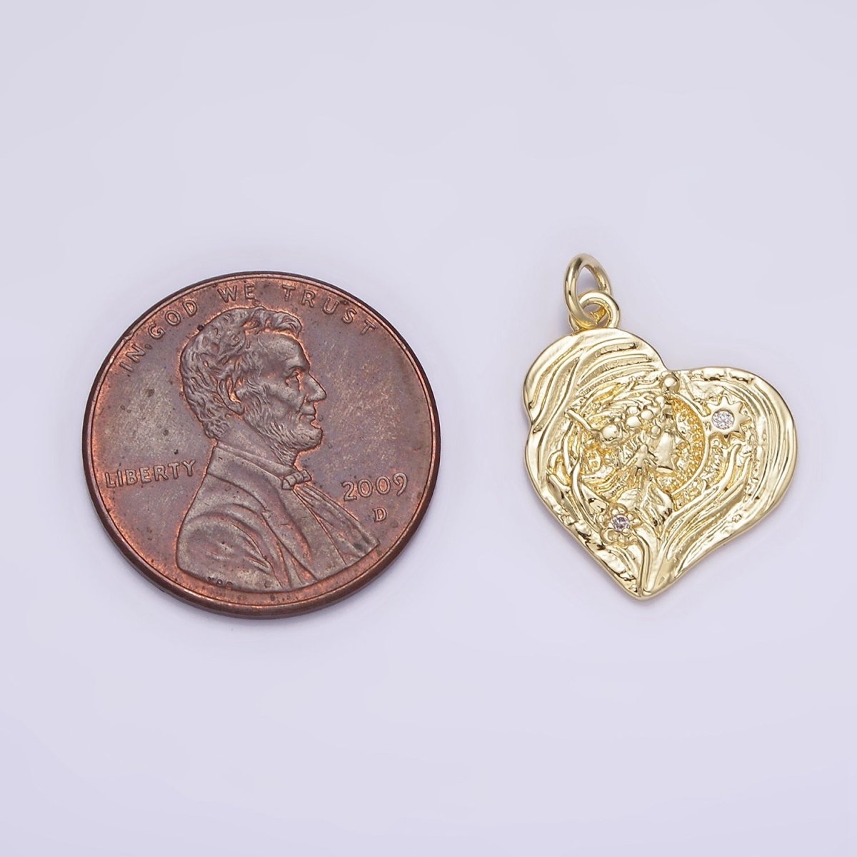 14K Gold Filled Women Portrait Celestial Sun Flower CZ Textured Abstract Heart Charm | AG247