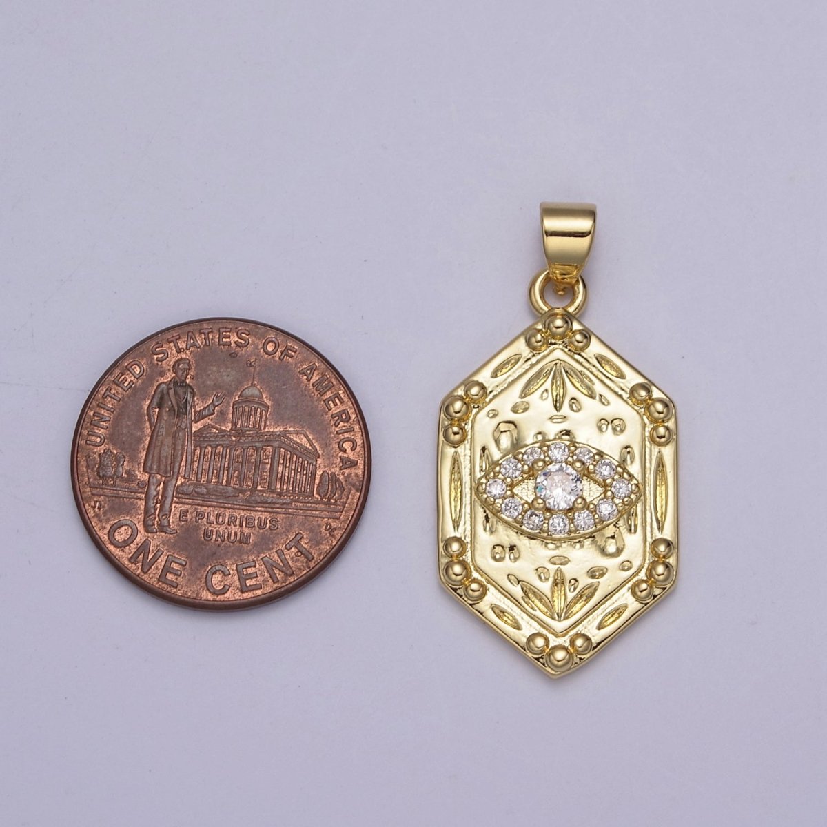 14K Gold Hexagon Micro Pave CZ Evil Eye Pendant, Cubic Zirconia Eye of Ra Charm For DIY Jewelry Making Supply H-790