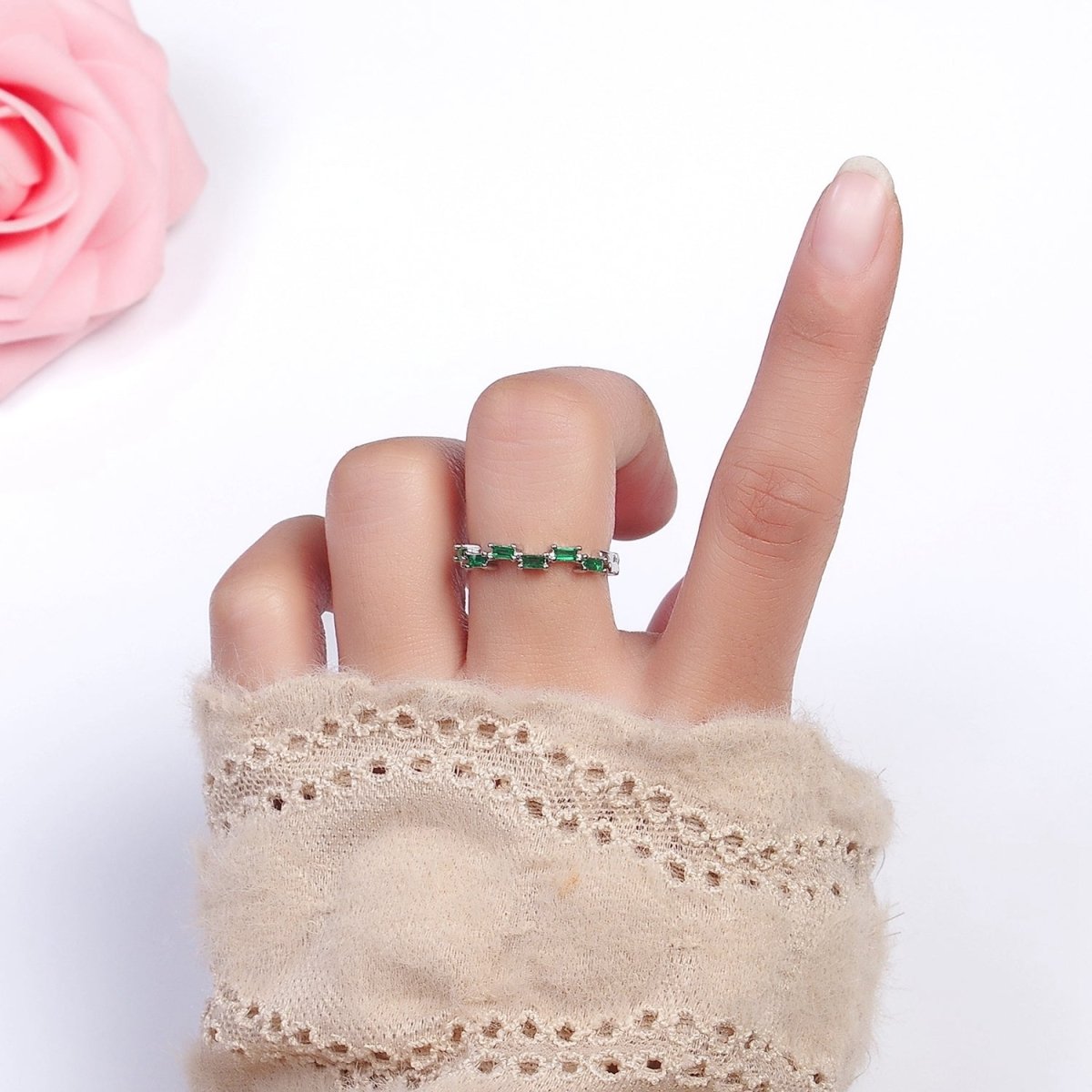 16K Gold Filed Clear, Green, Multicolor CZ Baguette Lined Adjustable Ring | O-1581~O-1586