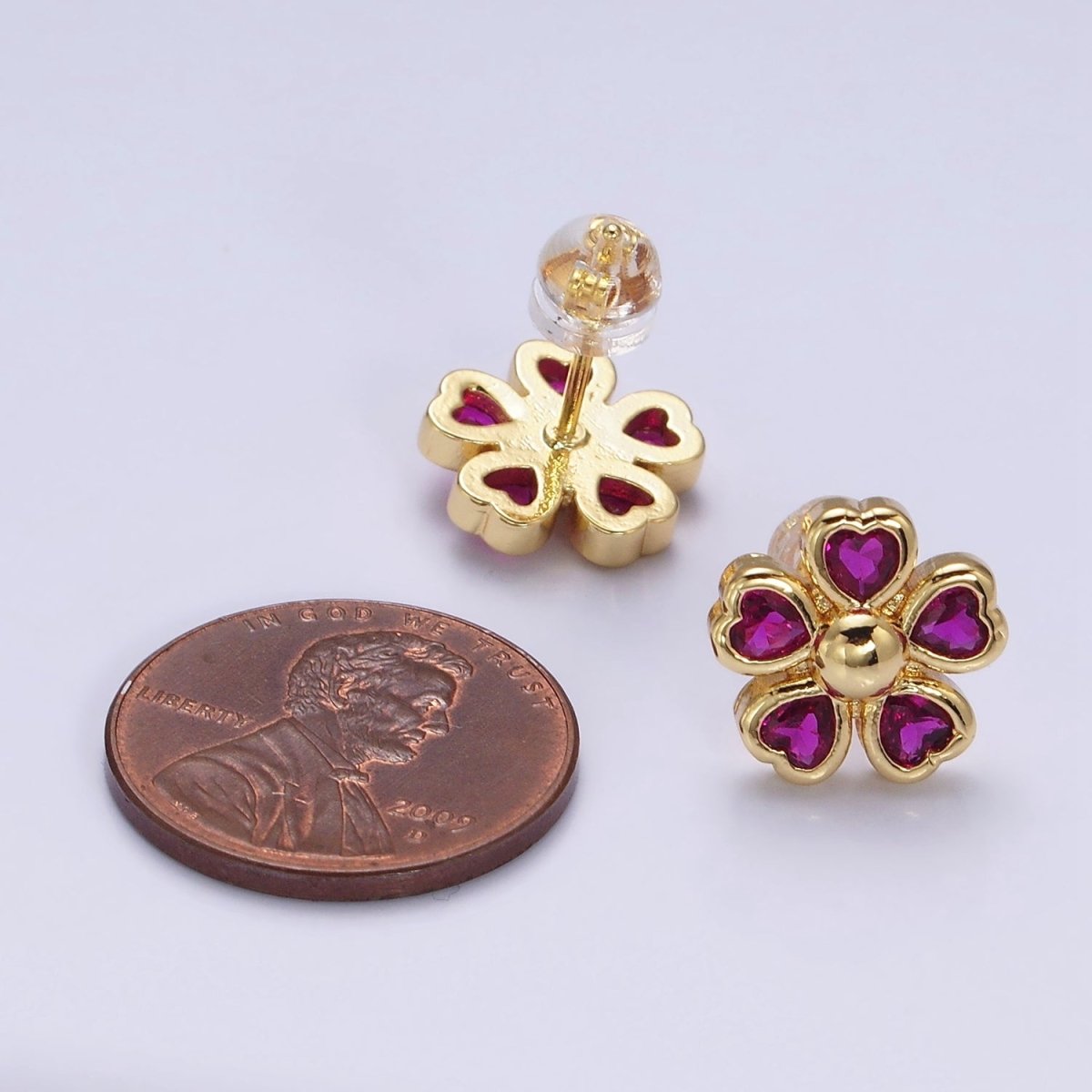 16K Gold Filled 11.5mm Clear, Green, Fuchsia Flower Heart Petal Stud Earrings in Gold & Silver | AD-436~AD-441