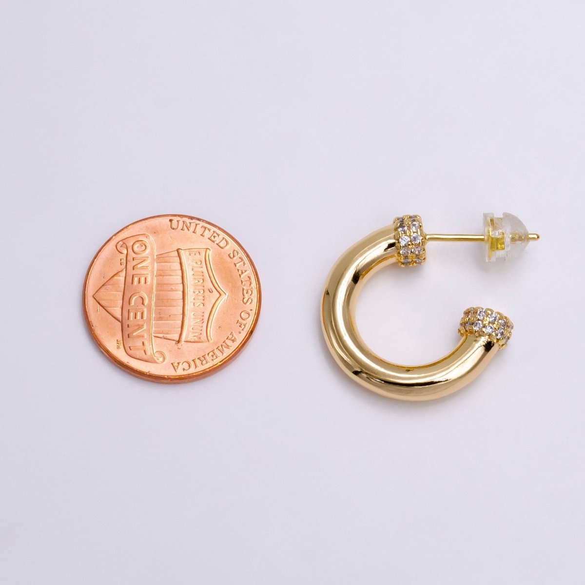 16K Gold Filled 20mm Clear Micro Paved CZ Nail C-Shaped Hoop Earrings in Gold & Silver | AE791 AE792