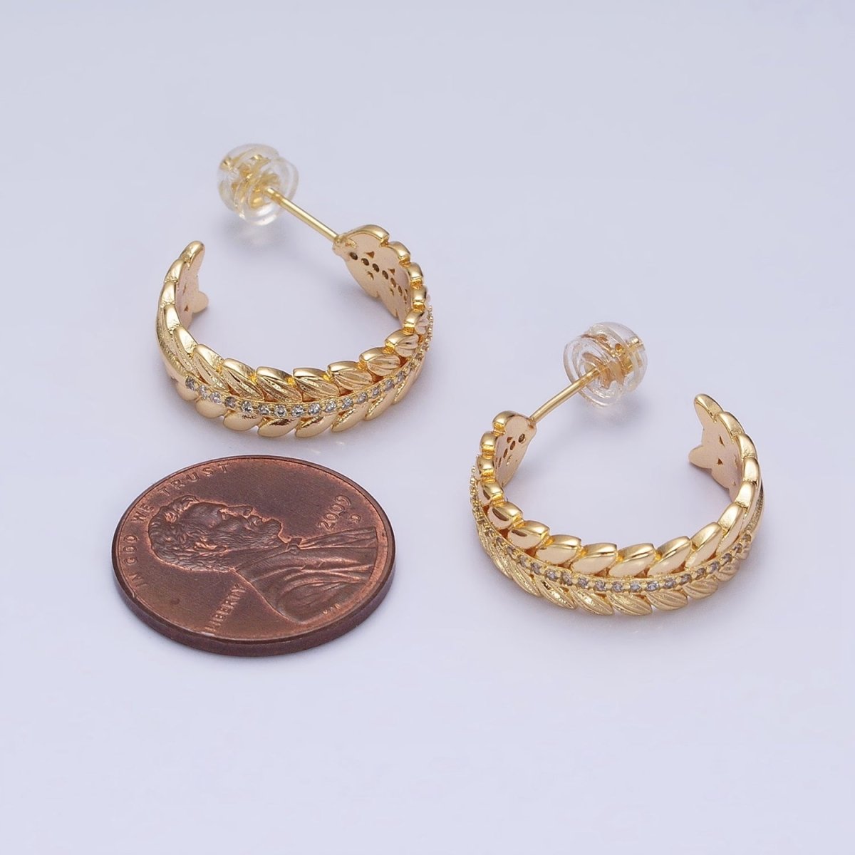 16K Gold Filled 20mm Paddy Wheat Palm Leaf Micro Paved C-Shaped Hoop Earrings in Gold & Silver | AD849 AD850