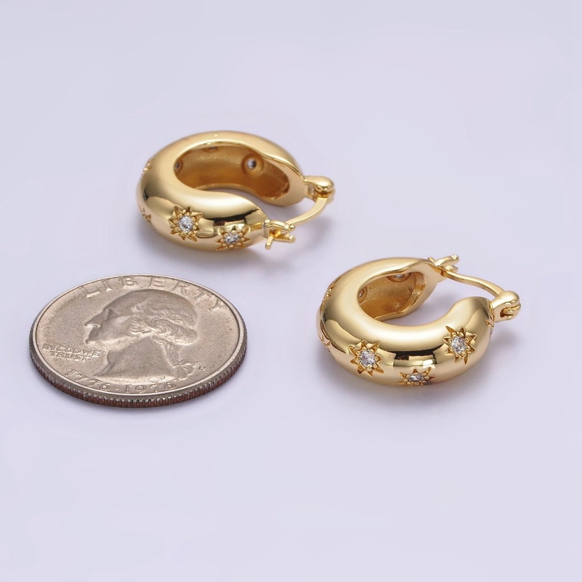 16K Gold Filled 20mm Round Dome Celestial Stars CZ French Lock Latch Hoop Earrings in Gold | AE627