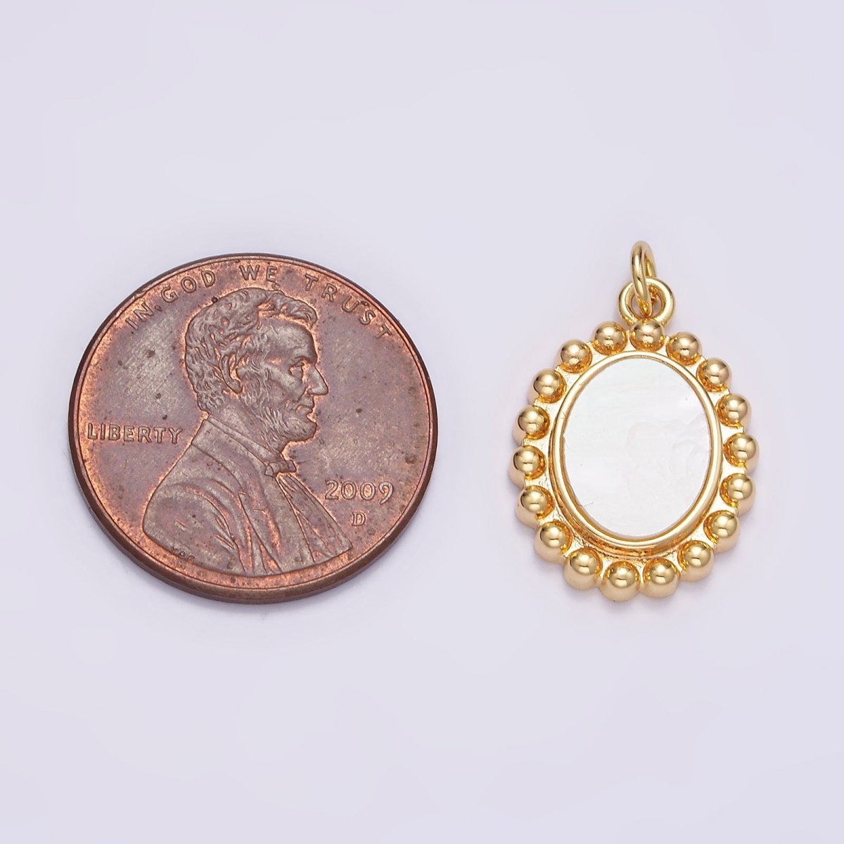 16K Gold Filled 20mm Shell Pearl Oval Dotted Outline Charm | N1498