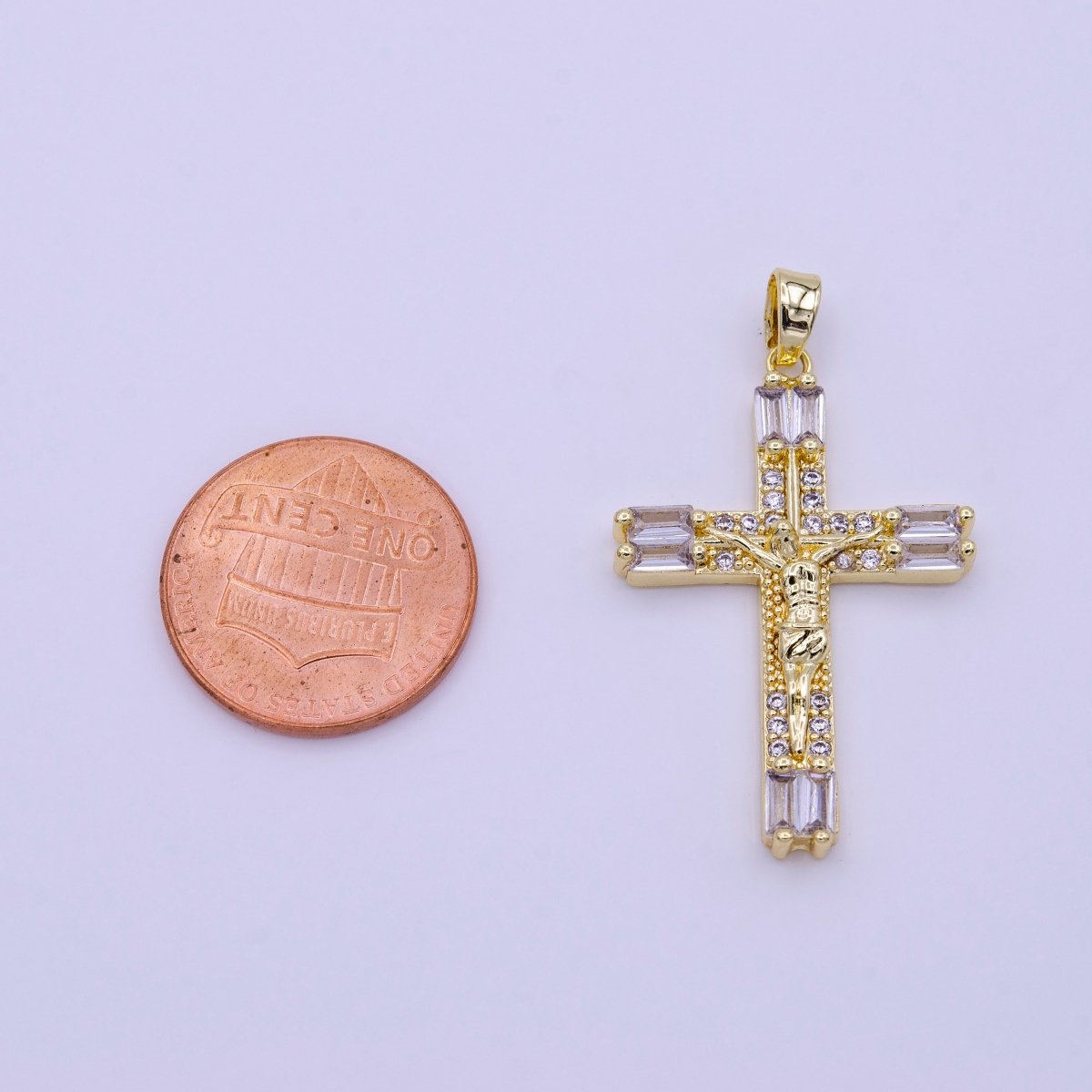 16K Gold Filled 21.5mm, 17.5mm Crucifix Cross Baguette CZ Pendant | AA413 AA414