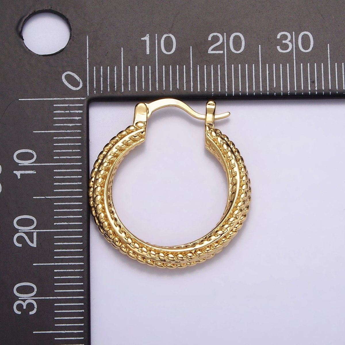 16K Gold Filled 25mm Dotted Braided Twist French Lock Latch Hoop Earrings | AE-601