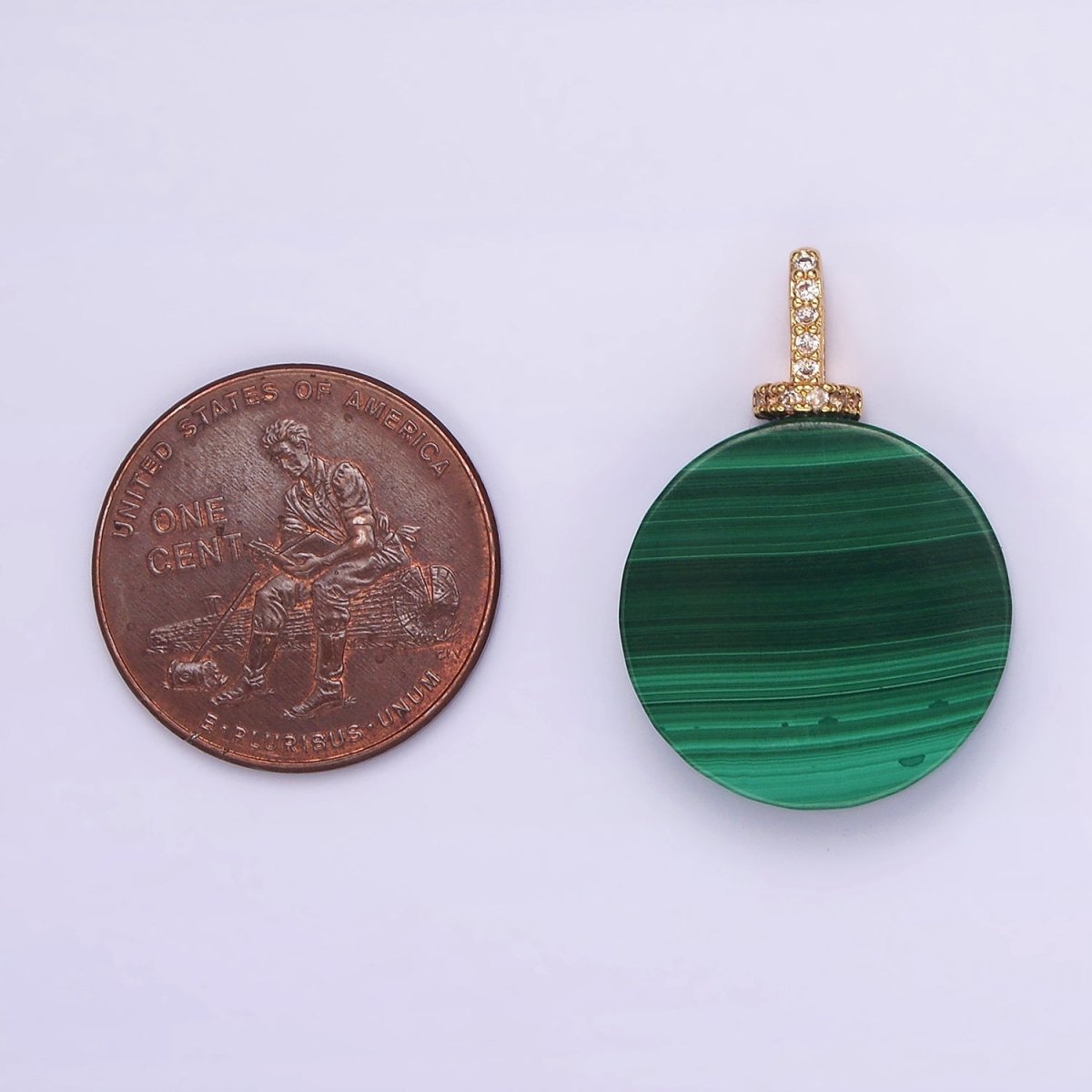 16K Gold Filled 25mm Green Malachite Round Clear CZ Micro Paved Bail Pendant | N1842