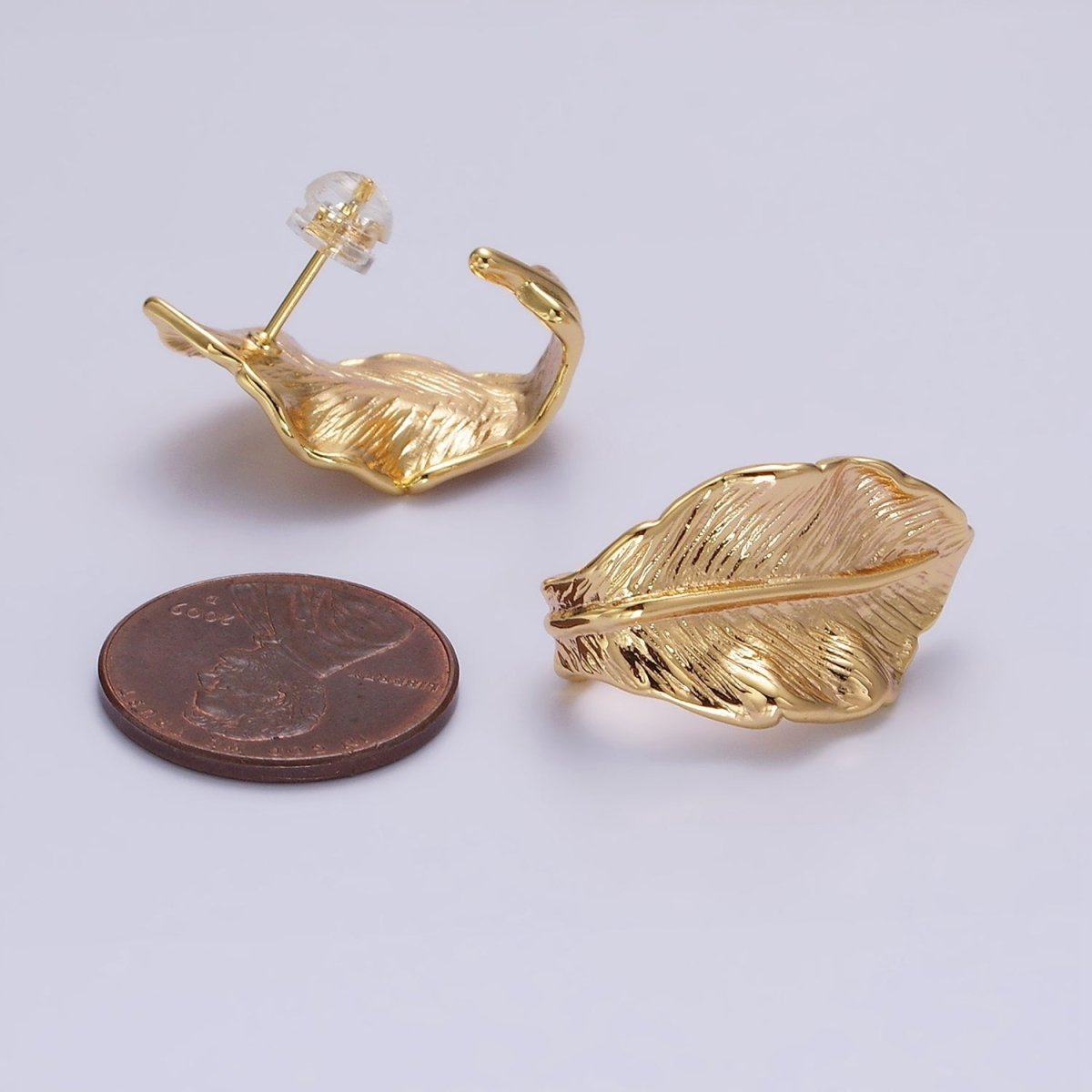 16K Gold Filled 25mm Nature Leaf Textured J-Shaped Hoop Earrings | AE889