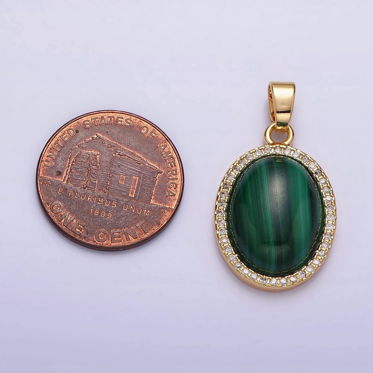 16K Gold Filled 28mm Malachite Natural Gemstone Oval Cabochon Micro Paved CZ Pendant | AA436