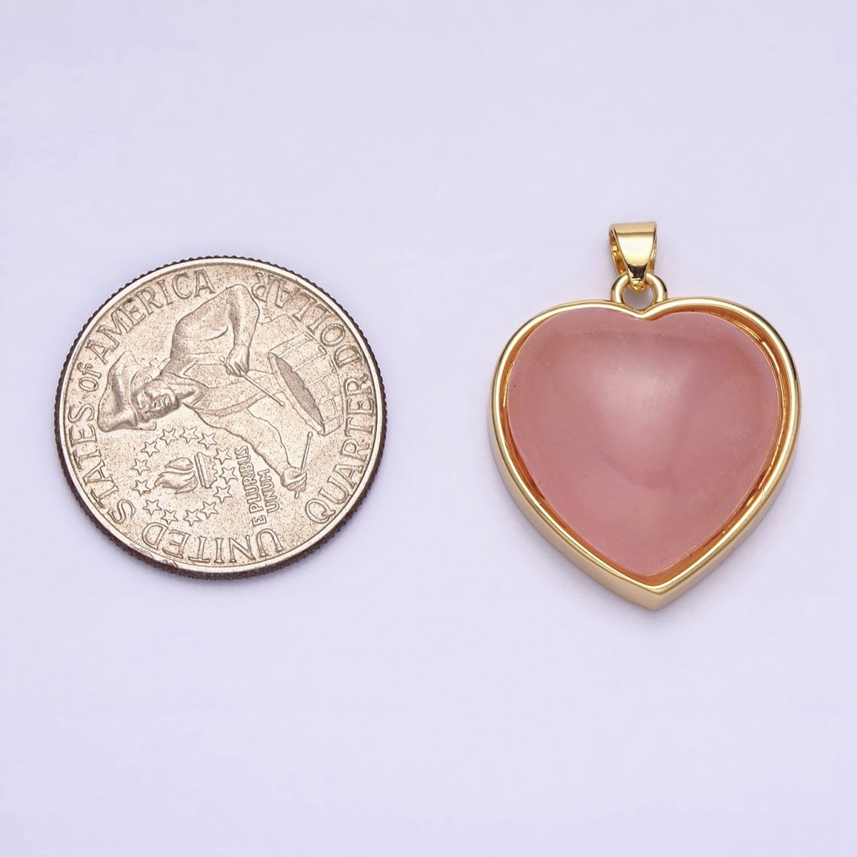 16K Gold Filled 29mm Heart Rose Quartz Natural Gemstone Valentine Pendant | AA381