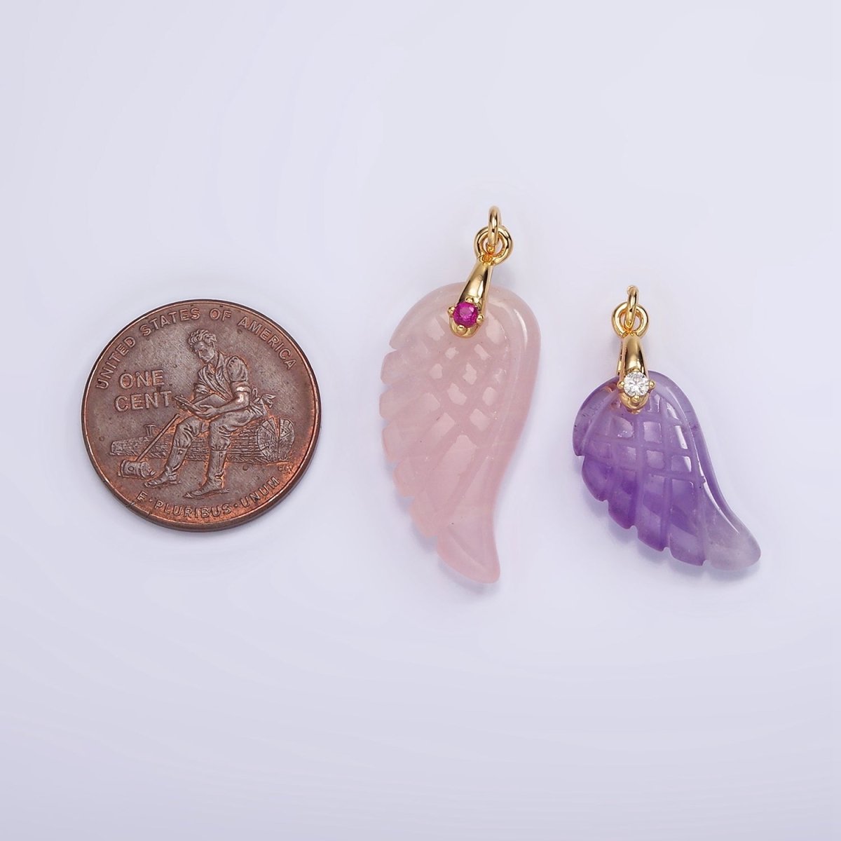 16K Gold Filled 30mm Clear Quartz, Rose Quartz Feather Wings CZ Bail Charm | AG296 - AG297