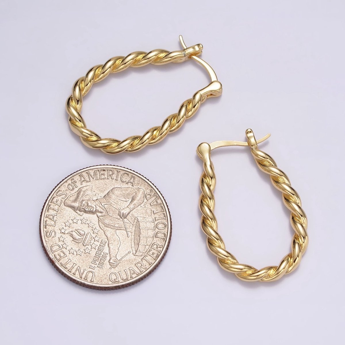 16K Gold Filled 30mm Oblong Twisted Rope French Lock Latch Hoop Earrings | AE604