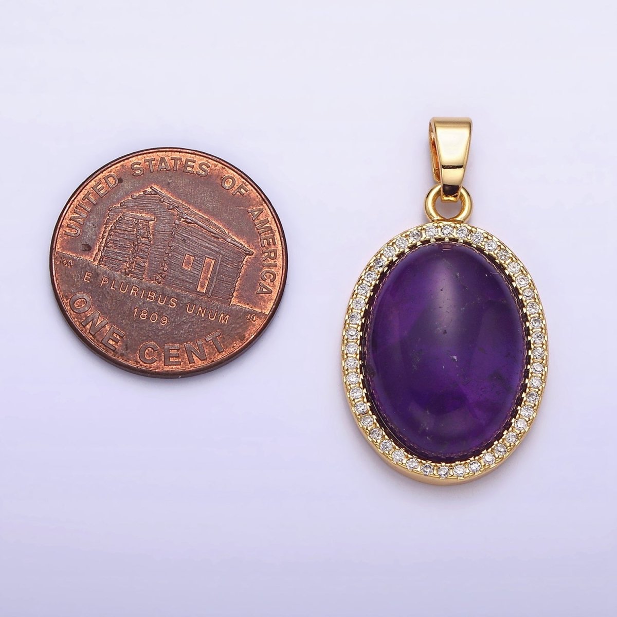 16K Gold Filled 30mm Purple Amethyst Natural Gemstone Oval Cabochon Micro Paved CZ Pendant | AA438