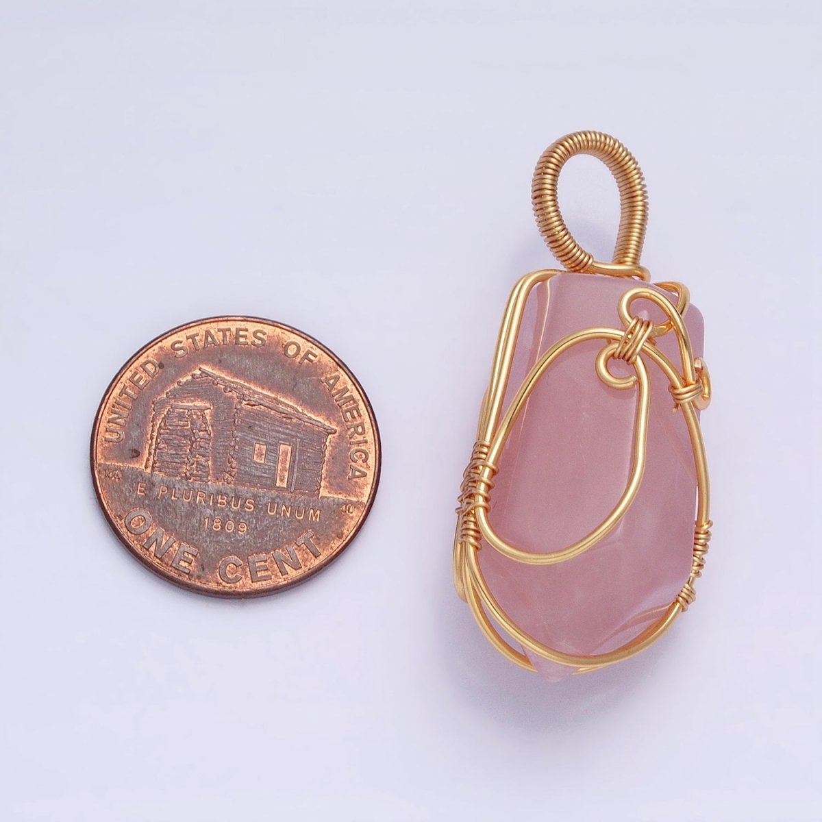 16K Gold Filled 36mm Wired Rose Quartz Natural Gemstone Multifaceted Oblong Pendant | AA223