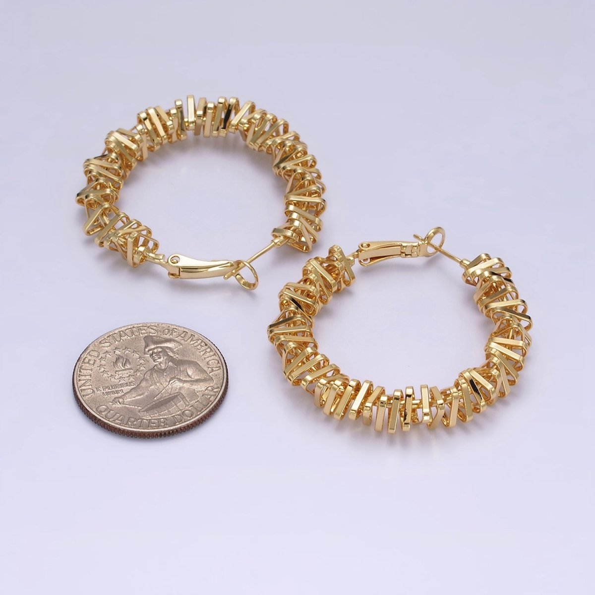 16K Gold Filled 40mm Abstract Multiple Triangle Bar Hinge Hoop Earrings in Gold & Silver | AE094 AE095