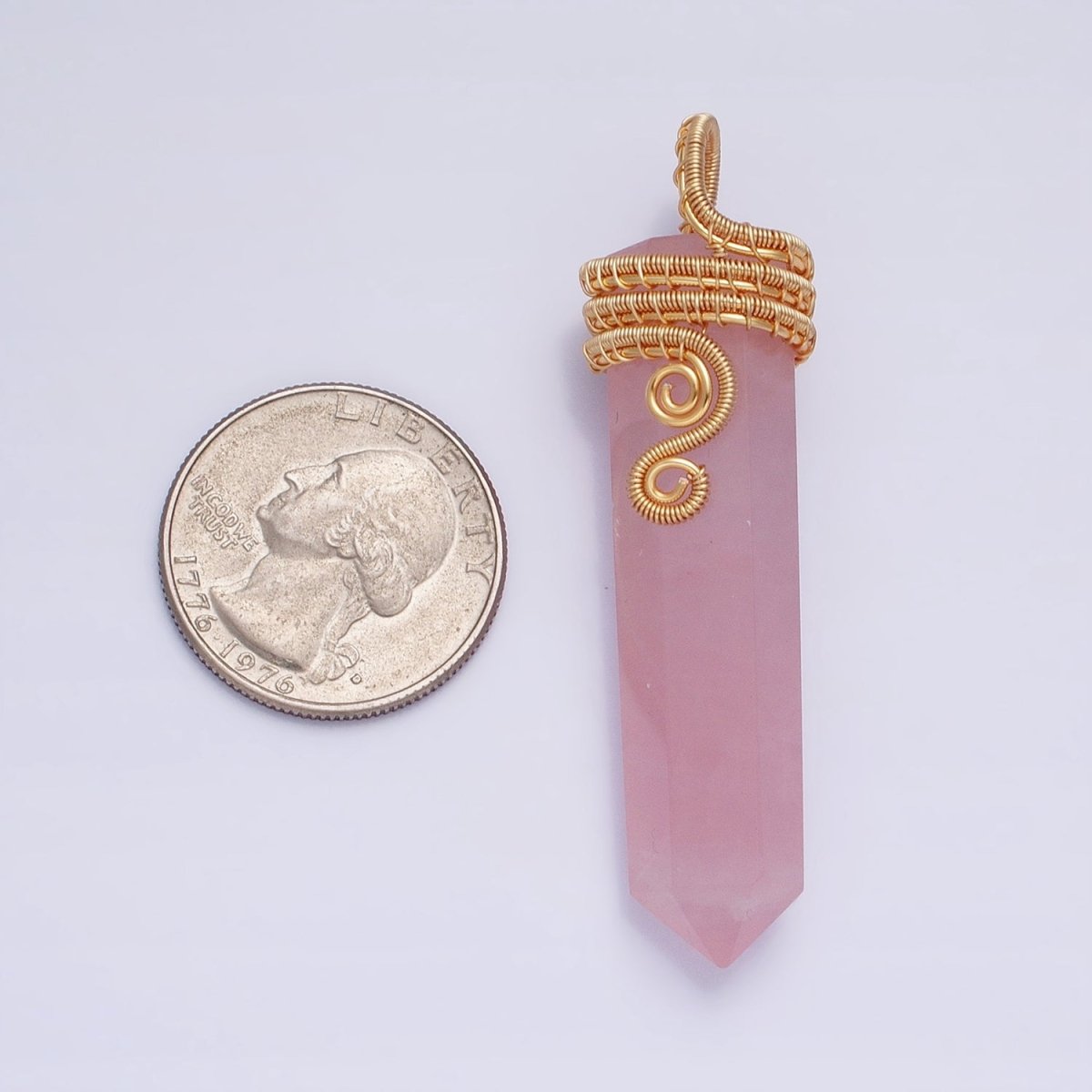 16K Gold Filled 60mm Circular Wired Rose Quartz Natural Gemstone Pointed Wand Pendant | AA225