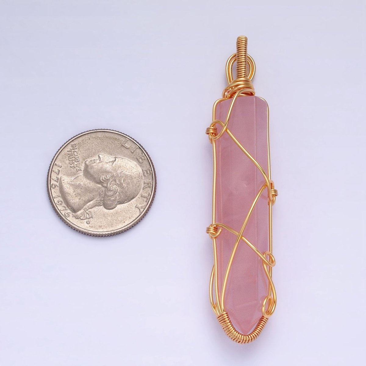 16K Gold Filled 66.5mm Wired Rose Quartz Natural Gemstone Pointed Wand Pendant | AA224