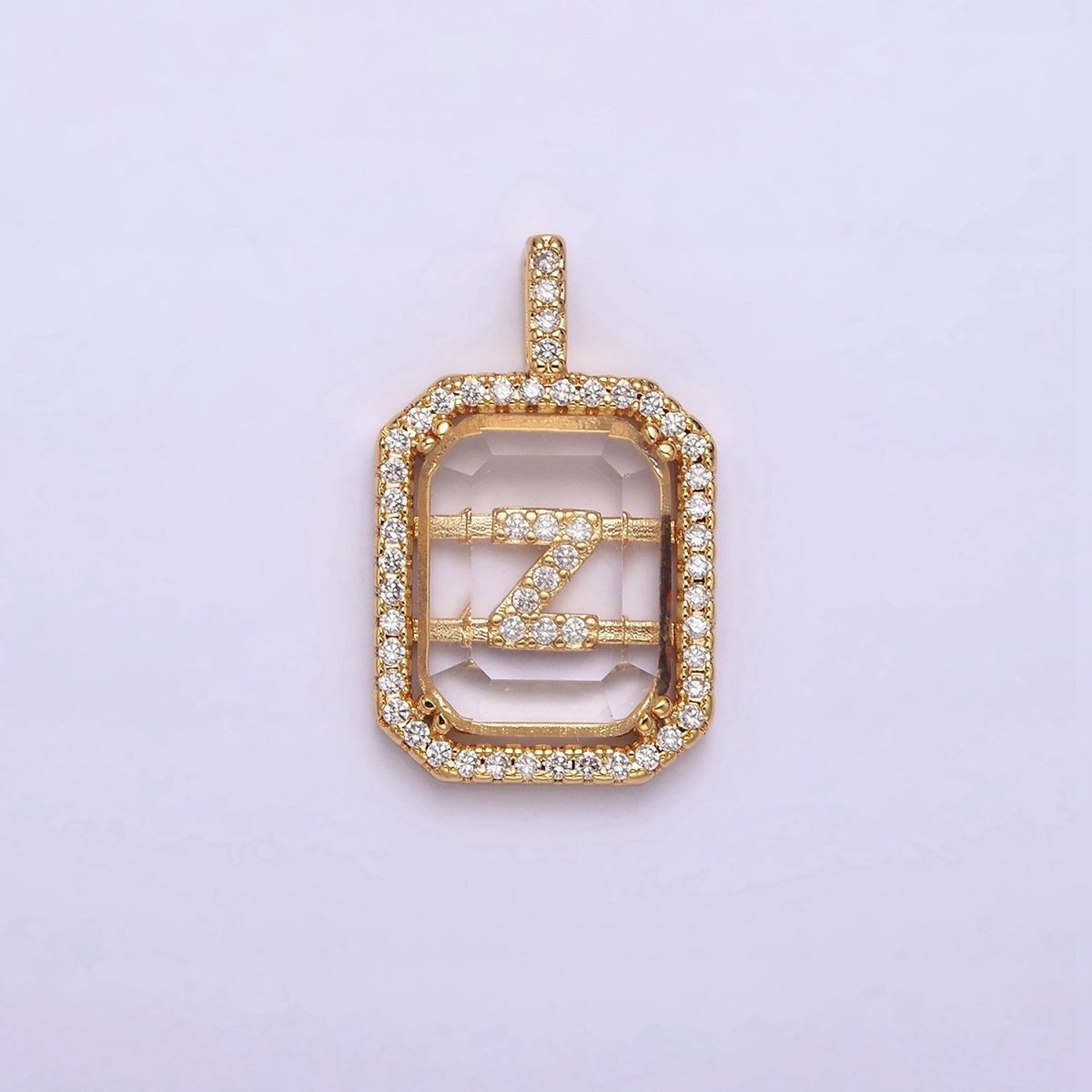 16K Gold Filled A-Z Alphabet Letter Initial Double Bar Baguette Clear Micro Paved CZ Pendant | A-963-A-975