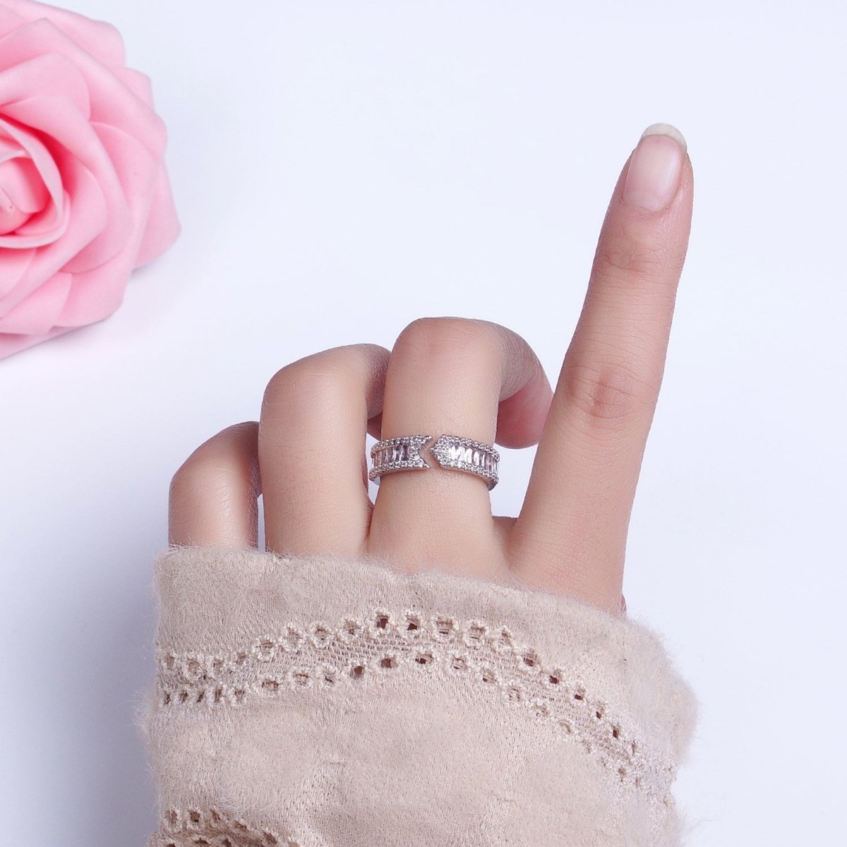16K Gold Filled Baguette CZ Micro Paved Arrow Band Ring in Gold & Silver | O-1921