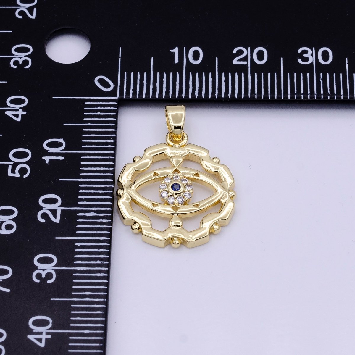 16K Gold Filled Blue-Eyed CZ Micro Paved Open Artisan Evil Eye Dotted Outline Pendant in Gold & Silver | AA429 AA430