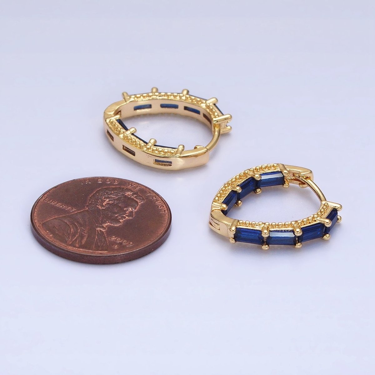 16K Gold Filled Blue, Green Baguette CZ Front-Sided Triangle Hoop Earrings in Gold & Silver | AD1108 - AD1111