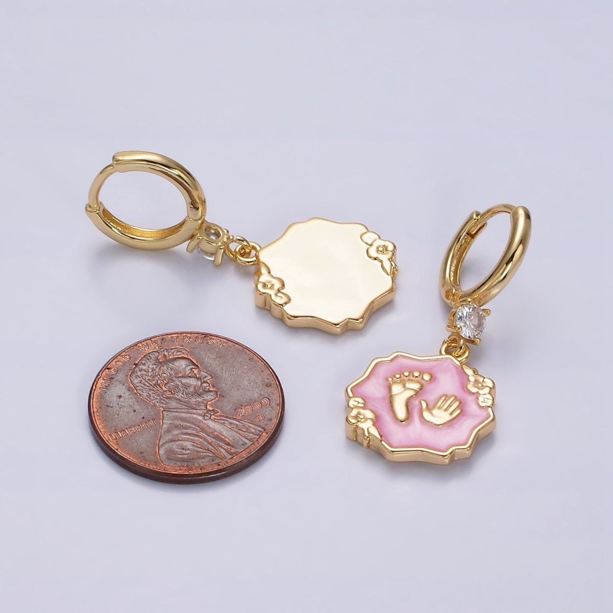 16K Gold Filled Blue, Pink, White Sparkly Enamel Flower Baby Shower Hand & Feet CZ Drop Huggie Earrings | AD-347 AD-348 AD-349