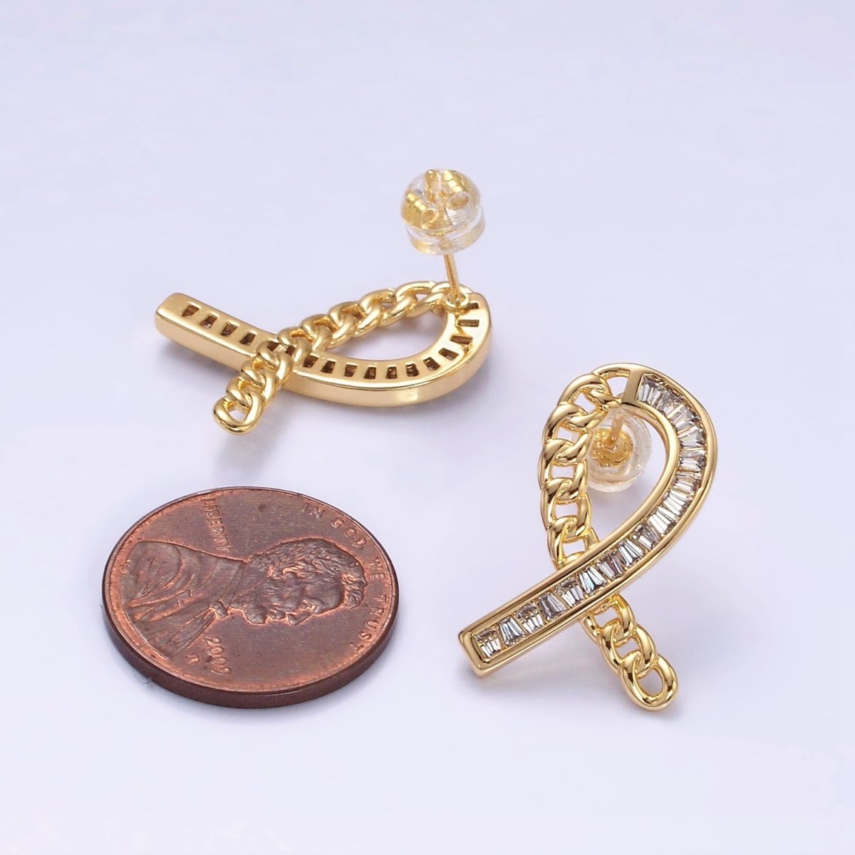 16K Gold Filled Cancer Awareness Ribbon Curb Link Baguette Lined Stud Earrings in Gold & Silver | AD990 AD991