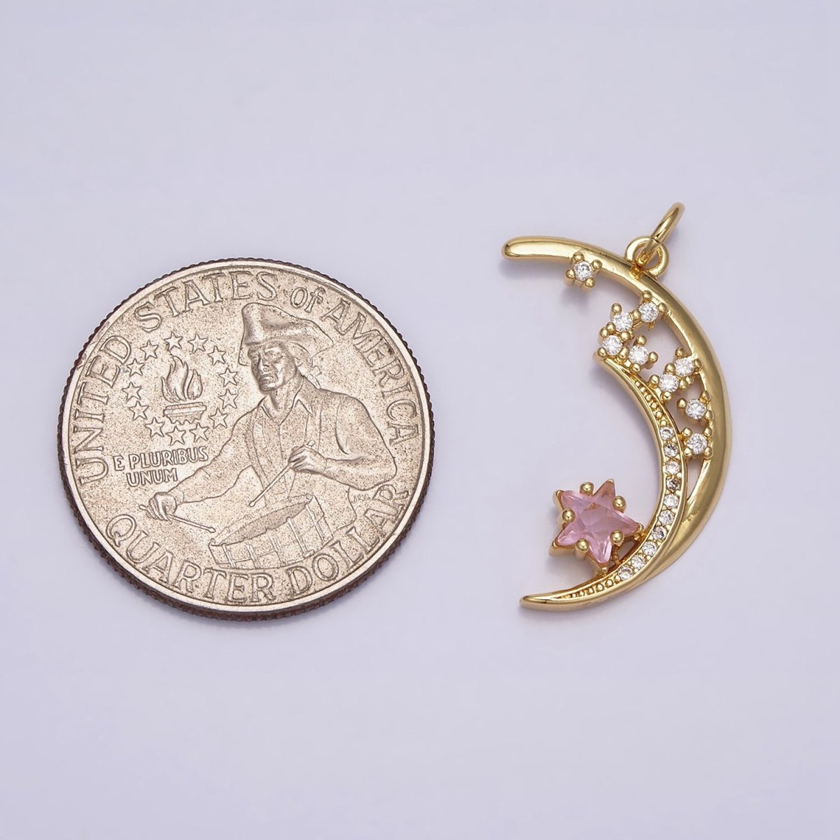 16K Gold Filled Celestial Crescent Moon Pink Star Micro Paved CZ Charm | AA483