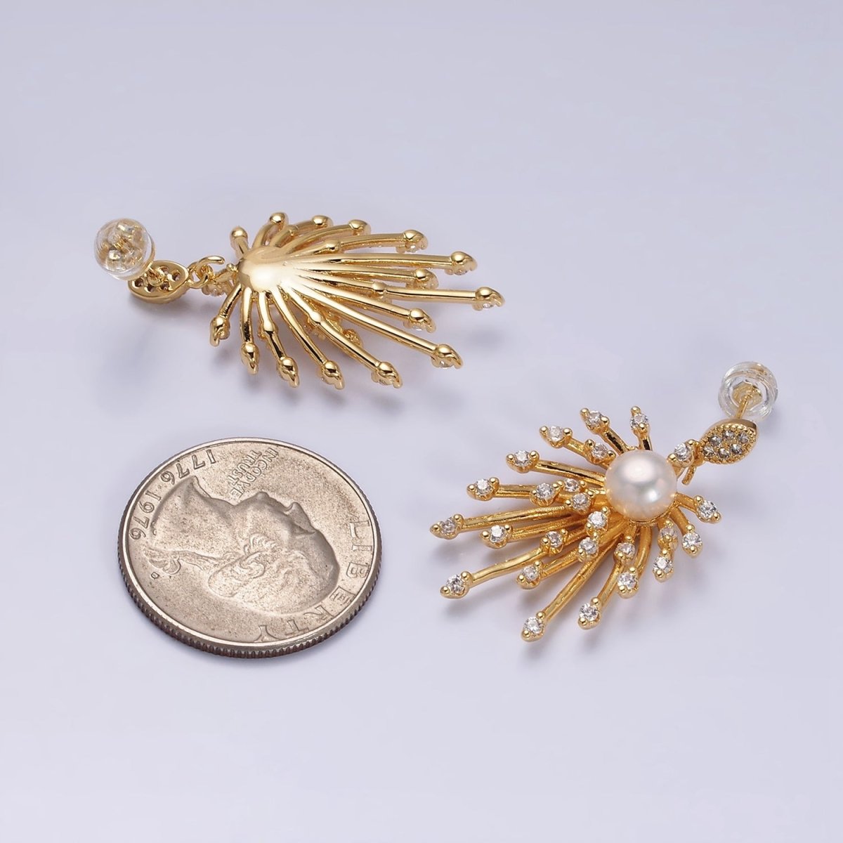 16K Gold Filled Celestial Fireworks Sunburst Pearl CZ Stud Earrings in Gold & Silver | AD1273 AD1274