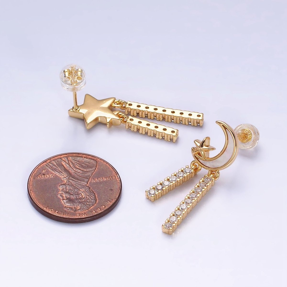 16K Gold Filled Celestial Moon Star Shell Pearl Double Bar Drop Stud Earrings in Gold & Silver | AD1080 AD1081