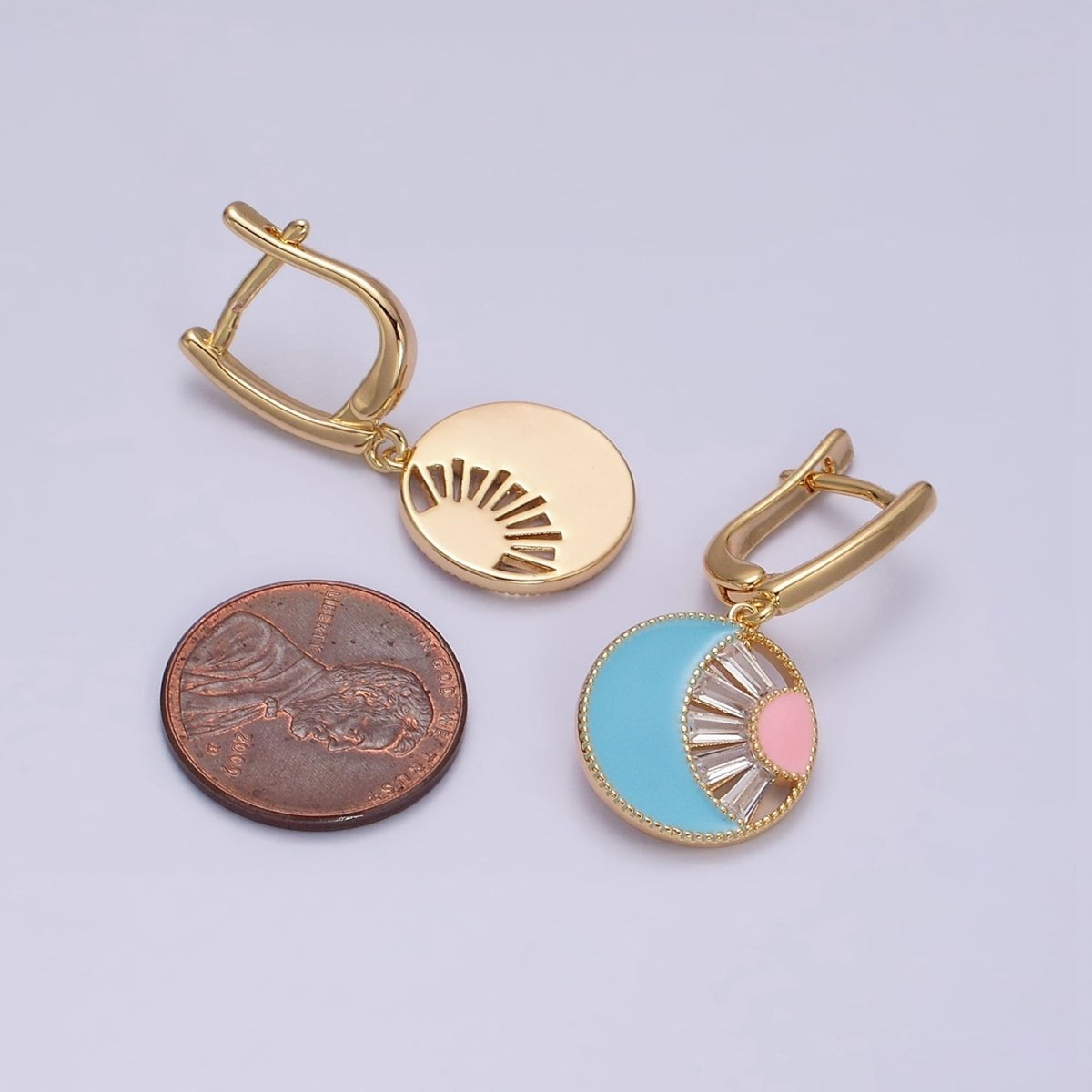 16K Gold Filled Celestial Sun Crescent Moon Blue & Pink Enamel Baguette Drop English Lock Earrings in Gold & Silver | AD-421 AD-422