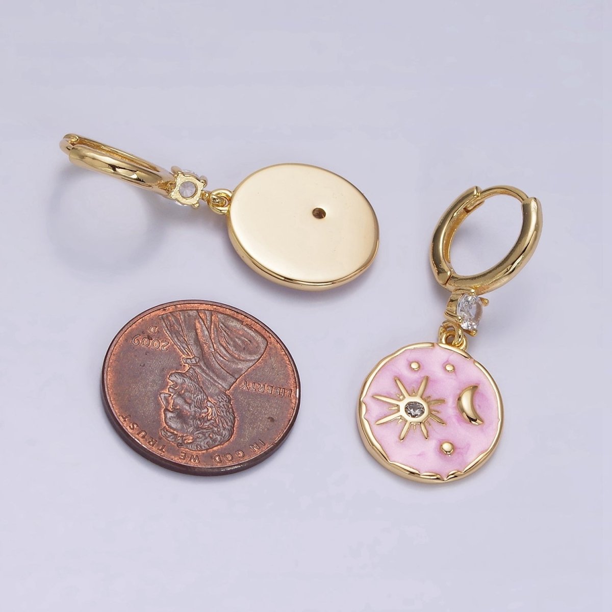16K Gold Filled Celestial Sun Star Crescent Moon White, Blue, Pink Sparkly Enamel Round Stamped CZ Drop Huggie Earrings | AE831 - AE833